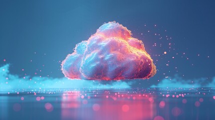 Surreal digital cloud with glowing colors floating above reflective water. Vibrant, modern, and futuristic tech concept art. 3D Illustration.