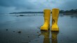 © pvl0707 - A Pair of Yellow Rain Boots On A Sandy Beach With Stormy Skies