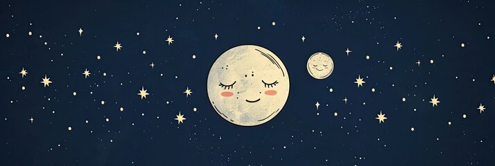 minimalist, cute moons with sleepy faces and stars around them, on a dark blue background
