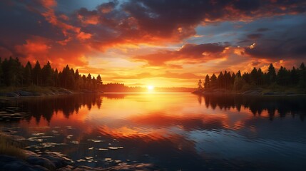 Wall Mural - A virtual art gallery showcasing various artistic representations of sunsets over lakes.