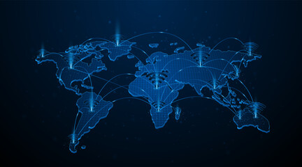 Fototapete - Global connection network background. World map. Internet technology concept or global communication.	
