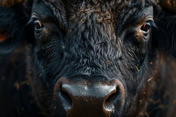 Close-up portrait of a buffalo with horns in a grassy field