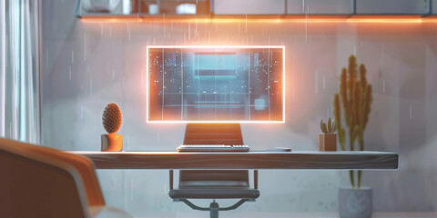 Wall Mural - The Ethereal Network: A holographic computer screen floating above a minimalistic desk