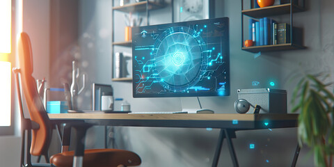 Wall Mural - The Ethereal Network: A holographic computer screen floating above a minimalistic desk