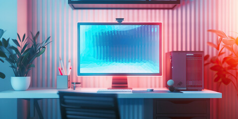 Wall Mural - The Ethereal Network: A holographic computer screen floating above a minimalistic desk