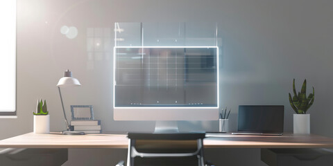 Wall Mural - The Ethereal Network: A holographic computer screen floating above a minimalistic desk