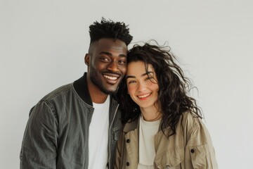 Wall Mural - Portrait of a grinning multicultural couple in their 30s wearing a trendy bomber jacket isolated in white background