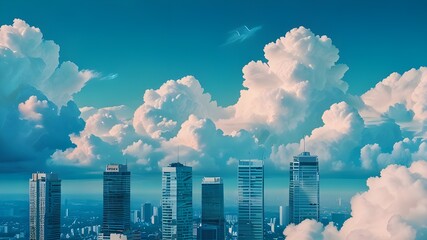 realistic aerial view photography of a illusiory city skyline with numerous high-rise buildings against a backdrop of a vivid blue sky with a formation of cumulus heavenly clouds Generative AI