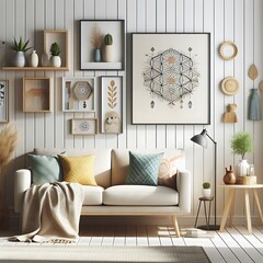 Sticker - A living room style interior set design with a mockup poster empty white and with a couch and pictures on the wall Vibrant Vibrant.