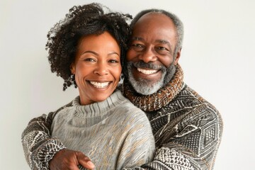 Wall Mural - Portrait of a joyful afro-american couple in their 50s showing off a thermal merino wool top on white background