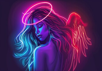 Neon girl with wings and a halo on her head. Angel neon sign, modern glowing banner design, colorful modern design trend on black background. Vector illustration. 