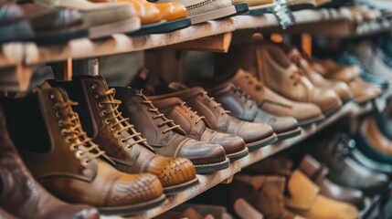 Sticker - A row of brown shoes on a shelf