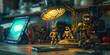 © Lila Patel - The Flickering Eyes of Cyberpunk: A futuristic desk lamp, casting a cybernetic glow on a row of worn-down action figures and a retro-designed smartphone.