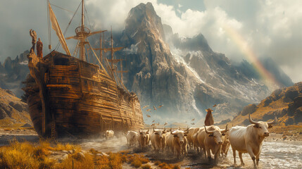 a herd of longhorn cattle walk out from a huge wooden ship while noah from ancient times leads them. Generative AI