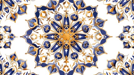 Wall Mural - Intricately Detailed Islamic Geometric Pattern with Lavish Gold and Blue Tones on White Background