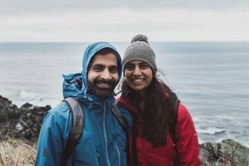 Wall Mural - Portrait of a happy indian couple in their 30s wearing a windproof softshell in tranquil ocean backdrop