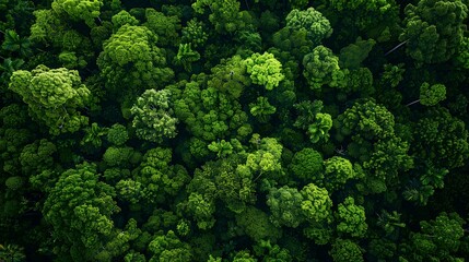 Aerial top view of a green forest, textured rainforest canopy viewed from above in a high angle shot, drone photography