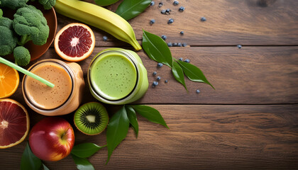 Wall Mural - Fresh smoothies with fruits and vegetables on a wooden table, surrounded by natural ingredients like oranges, kiwis, bananas, and broccoli.