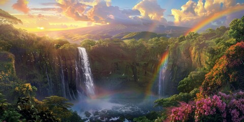 Wall Mural - Rainbow and waterfall scene in a tranquil environment