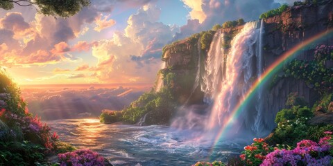 Wall Mural - Rainbow and waterfall scene in a calm moment