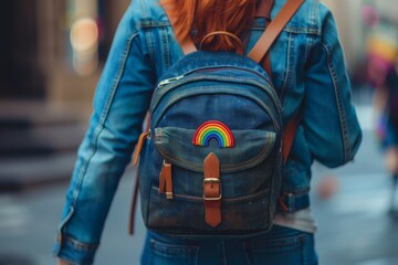 A woman wearing a denim jacket and a backpack with a rainbow on it