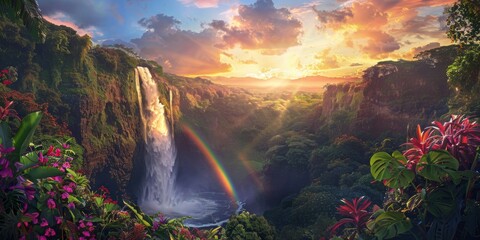 Wall Mural - Rainbow and waterfall scene in a tranquil mood