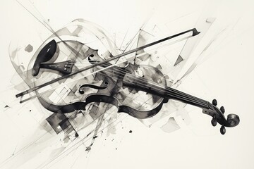 A black and white drawing of a violin with a bow, illustrations Musical Instruments, fiddle and musical notes.