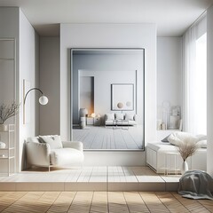 Wall Mural - A room style interior set design with a large mirror and a couch informative optimized unique.