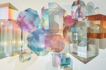 Wall Mural - 8 Holographic geometric shapes in a surreal, floating arrangement