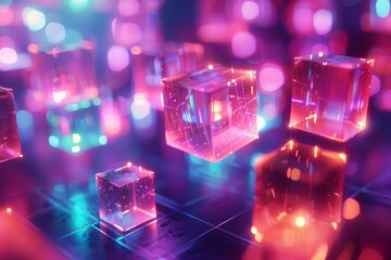 Wall Mural - 14 Floating holographic 3D cubes and spheres with a vibrant glow