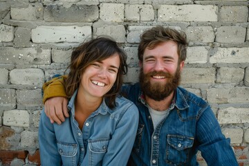 Wall Mural - Portrait of a satisfied caucasian couple in their 20s sporting a versatile denim shirt over vintage brick wall