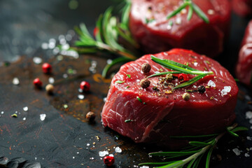 Wall Mural - Raw beef fillet mignon steaks with herbs and spices on dark stone background