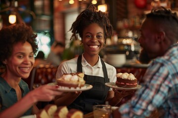 a smiling black waitress holding two plates with cakes, serving to a couple in a restaurant.