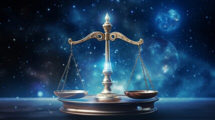 Wall Mural - Golden scales of justice with planets in outer space. Digital illustration with cosmic background