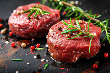 Wall Mural - Raw beef fillet mignon steaks with herbs and spices on dark stone background