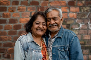 Wall Mural - Portrait of a joyful indian couple in their 50s sporting a rugged denim jacket in vintage brick wall