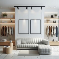Wall Mural - A white couch in A room style interior set design with shelves and clothes creative engaging.