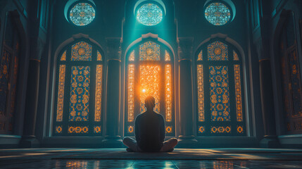 Wall Mural - a muslim man sits on the floor in front of a window and looks. Generative AI