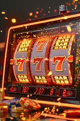 A slot machine displaying the number seven, a popular symbol in gambling and casinos