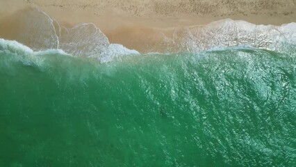 Wall Mural - Aerial view of sea waves breaking on sand tropical beach, 4k