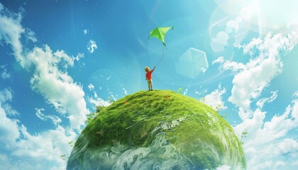Wall Mural - Joyful Soaring: A Boy and His Kite on a Grassy Globe