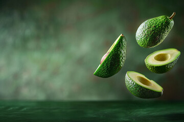 Wall Mural - avocado slice flying isolated on a green background