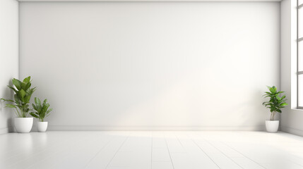 White simple and white interior. A bright room with pots of indoor plants