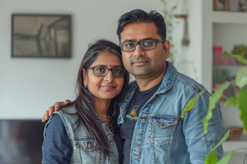 Wall Mural - Portrait of a content indian couple in their 30s wearing a rugged jean vest in front of modern minimalist interior