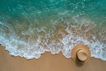 Wall Mural - Tranquil summer beach scene with sun hat on sandy shore overlooking the serene blue sea horizon