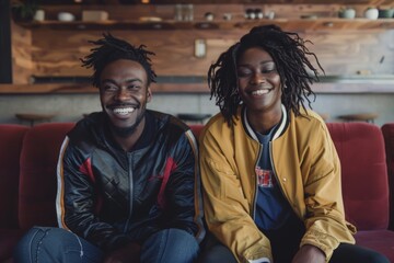 Sticker - Portrait of a jovial multicultural couple in their 30s sporting a stylish varsity jacket isolated on modern minimalist interior