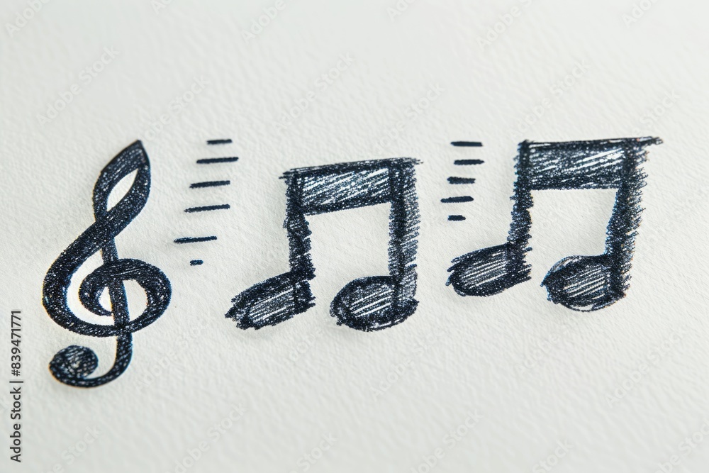 Three musical notes are drawn with crayon on a white backdrop, with one ...