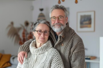 Wall Mural - Portrait of a cheerful caucasian couple in their 50s wearing a cozy sweater isolated on modern minimalist interior