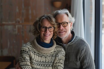 Wall Mural - Portrait of a cheerful caucasian couple in their 50s wearing a cozy sweater in front of modern minimalist interior