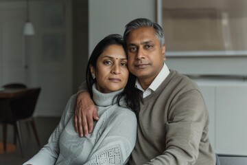 Wall Mural - Portrait of a tender indian couple in their 40s sporting a long-sleeved thermal undershirt in modern minimalist interior